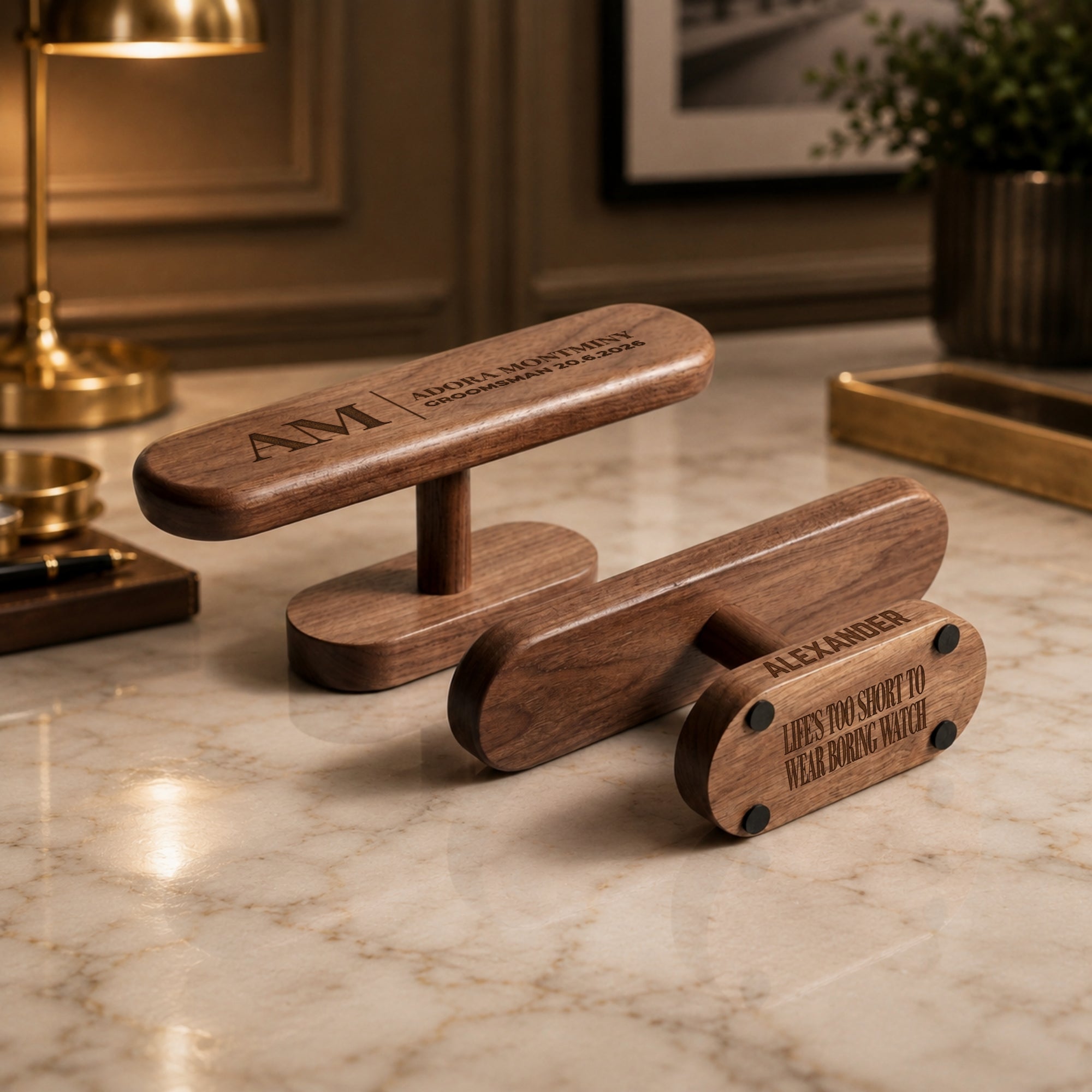 Personalised engraved walnut watch stand showing engraving on the base