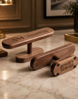 Personalised engraved walnut watch stand showing engraving on the base