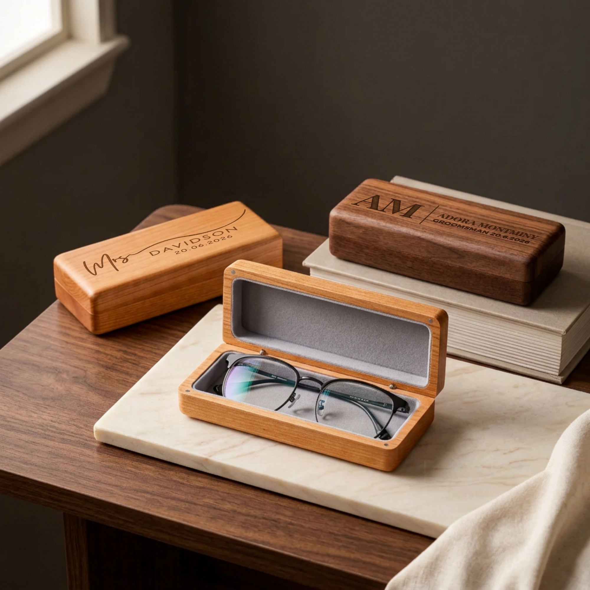Personalised engraved walnut wood glasses case – custom eyewear box with magnetic lid