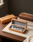 Personalised engraved walnut wood glasses case – custom eyewear box with magnetic lid