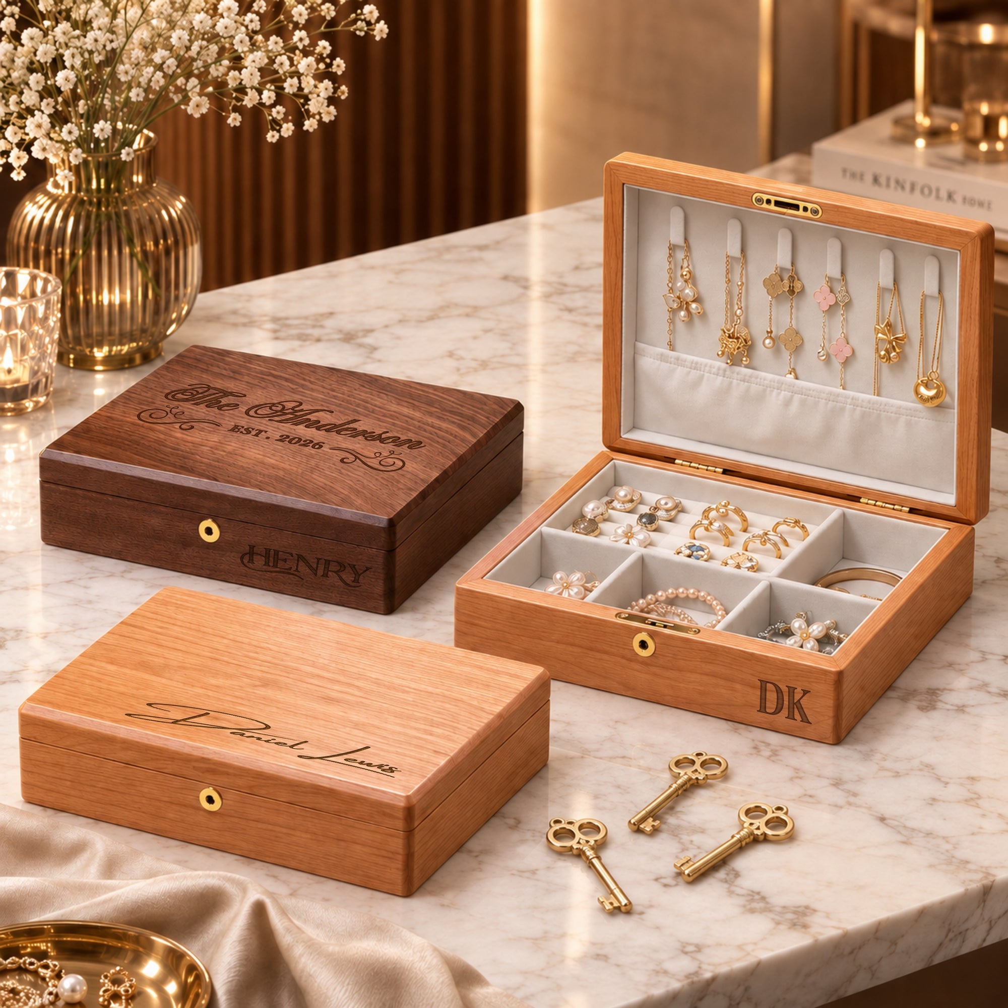 Personalised engraved wooden jewellery boxes with lock and key in walnut and cherry