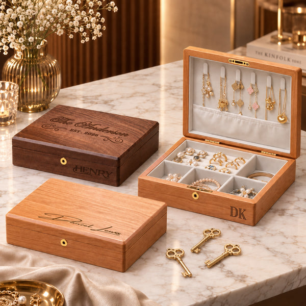 Personalised Engraved Wooden Jewellery Box with Lock & Key