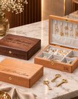 Personalised engraved wooden jewellery boxes with lock and key in walnut and cherry