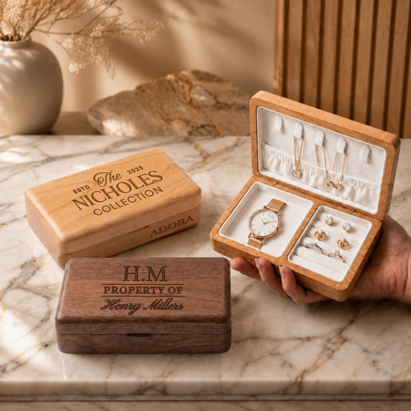 Personalised Engraved Wooden Travel Jewellery Box with Magnetic Lid
