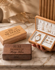 Personalised engraved wooden travel jewellery boxes in walnut and cherry with magnetic lids