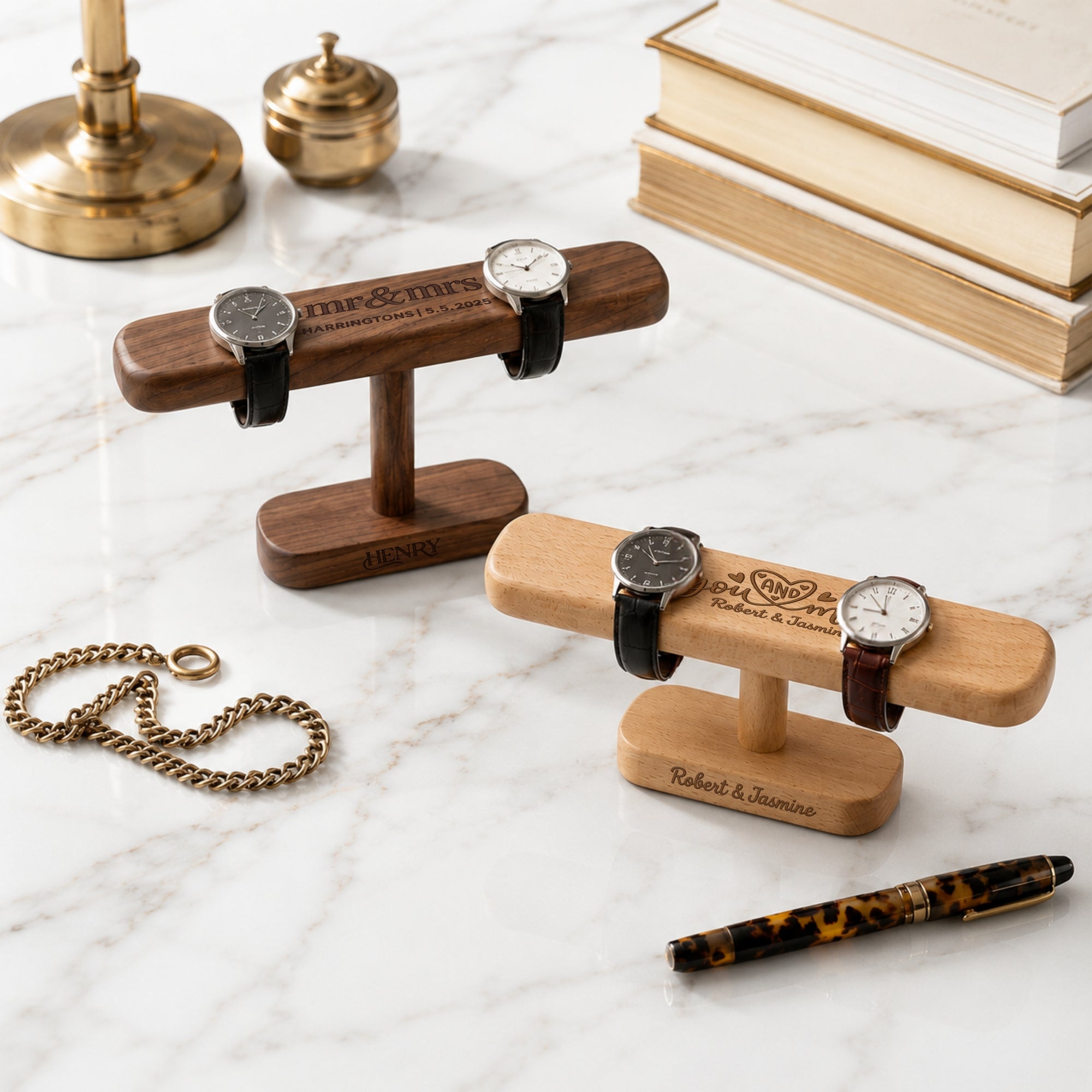Personalised engraved wooden watch and jewellery display stand in walnut and beechwood