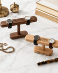 Personalised engraved wooden watch and jewellery display stand in walnut and beechwood