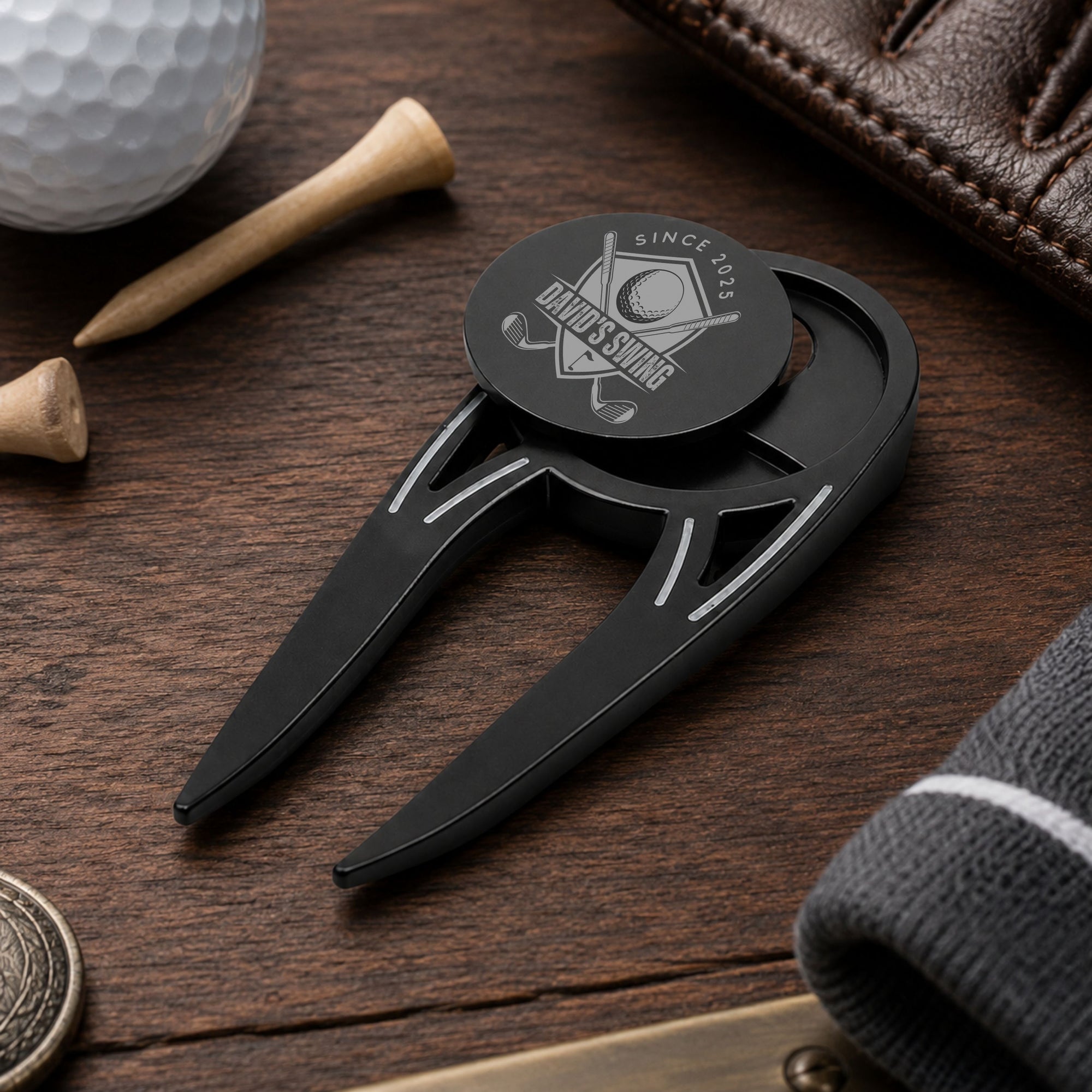 Personalised 3-in-1 golf divot tool with magnetic ball marker and bottle opener custom engraved