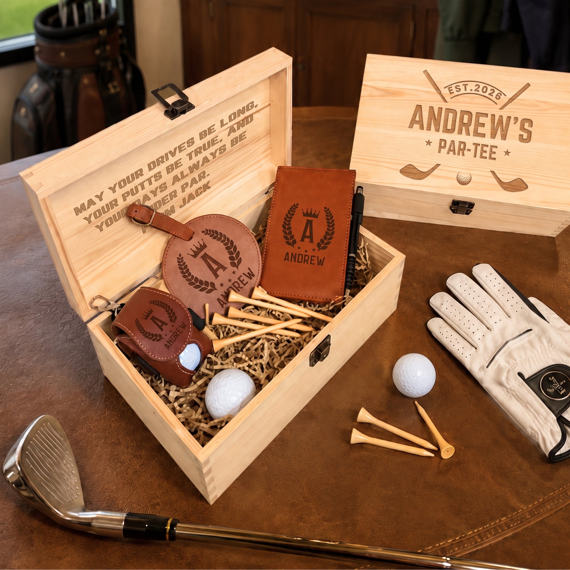 Personalised golf gift set – ball pouch, tee holder, scorecard holder and tees