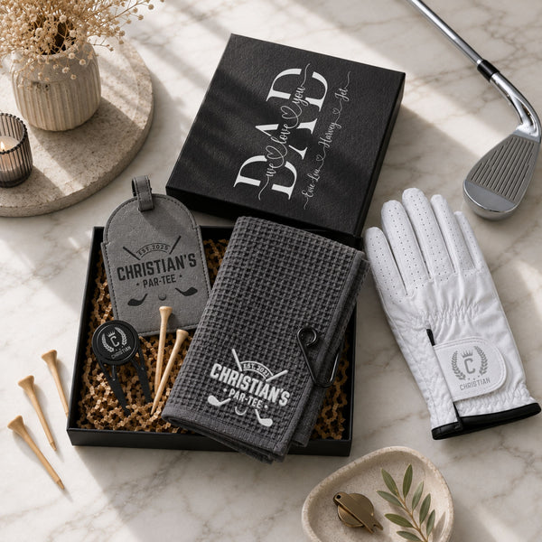 Personalised Golf Gift Set - Embroidered Towel, Tee Holder with Tees, 3-in-1 Divot Tool & optional Leather Glove in Gift Box