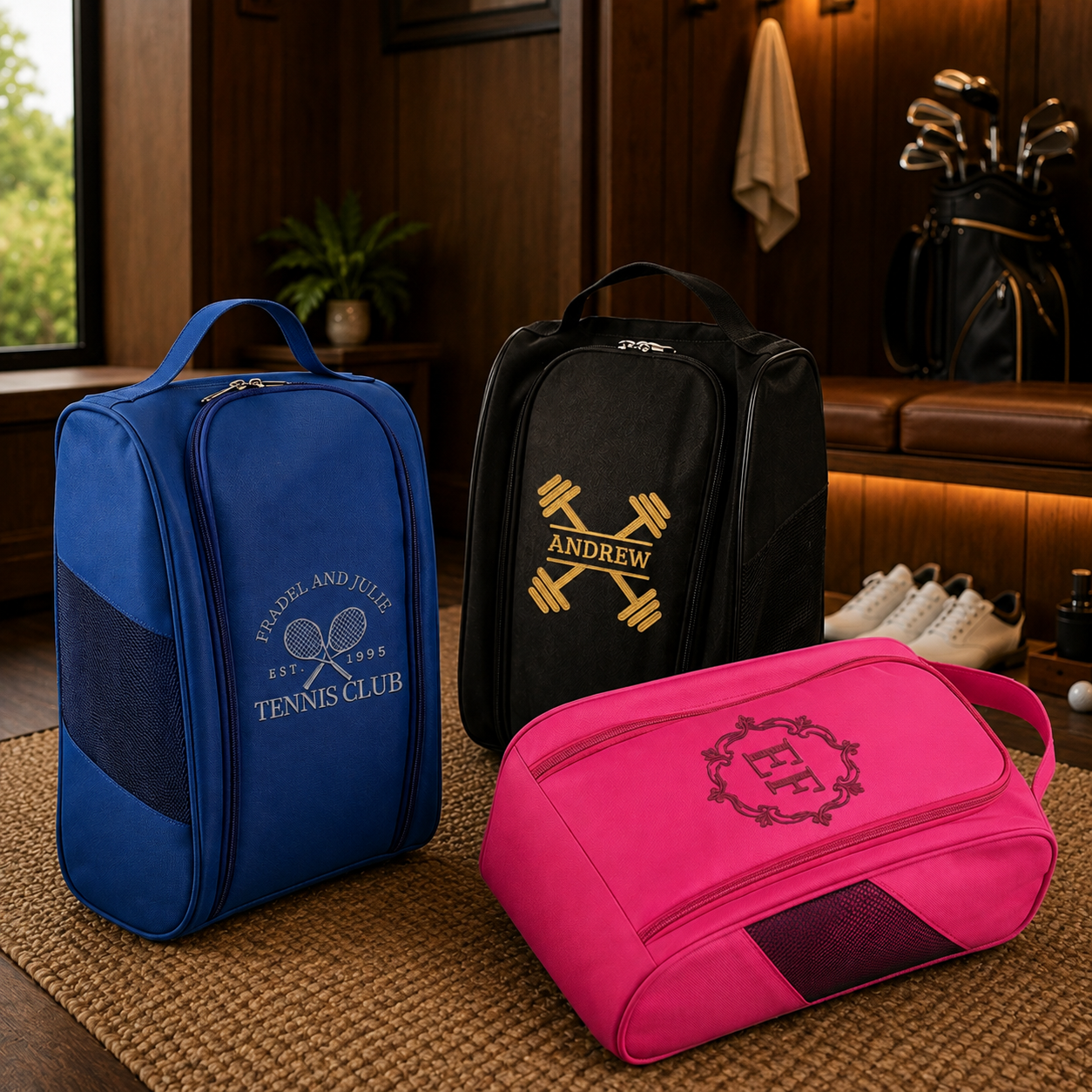 Personalised embroidered golf and gym shoe bags in blue and pink