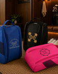 Personalised embroidered golf and gym shoe bags in blue and pink