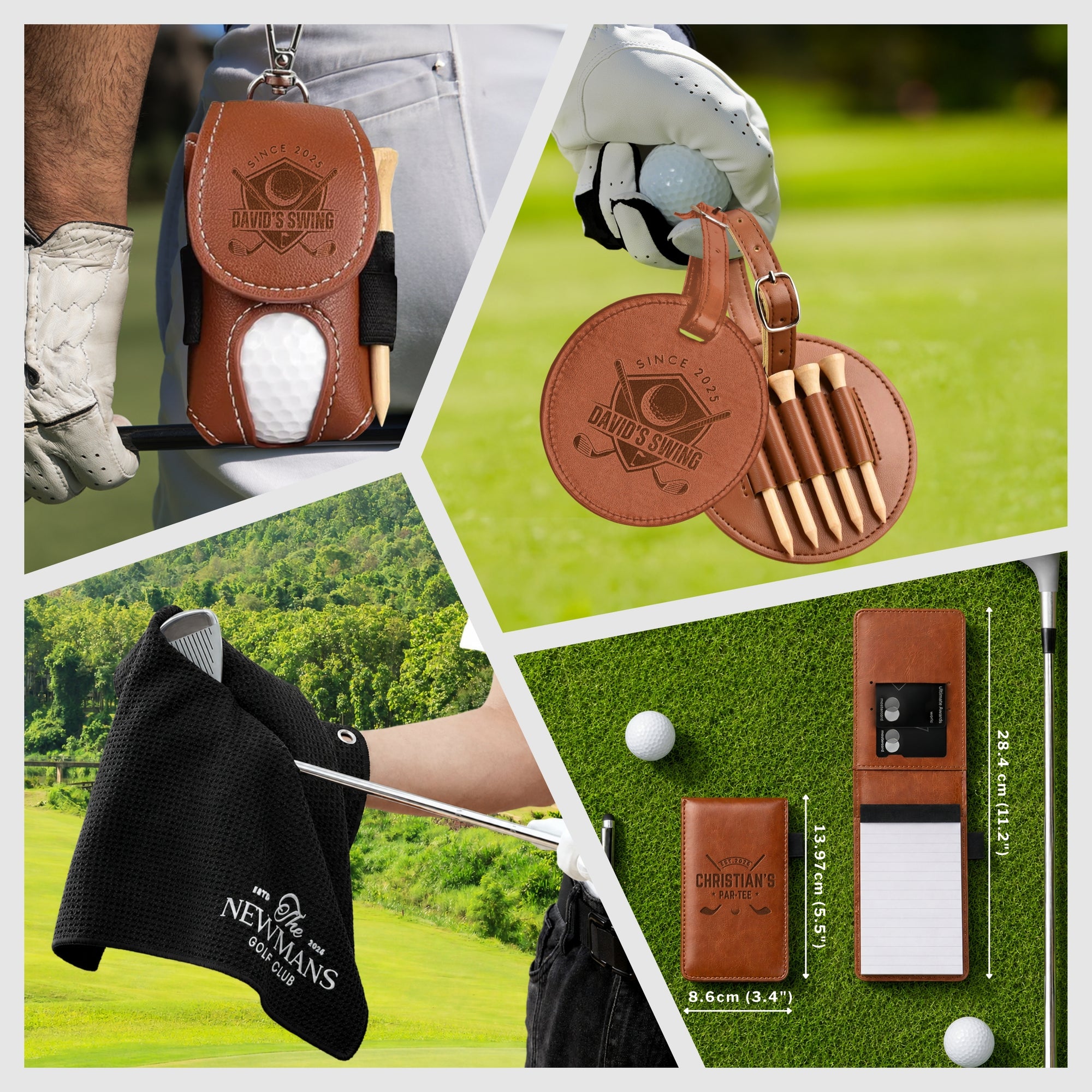Personalised golf scorecard holder, ball pouch and tee set in wooden box