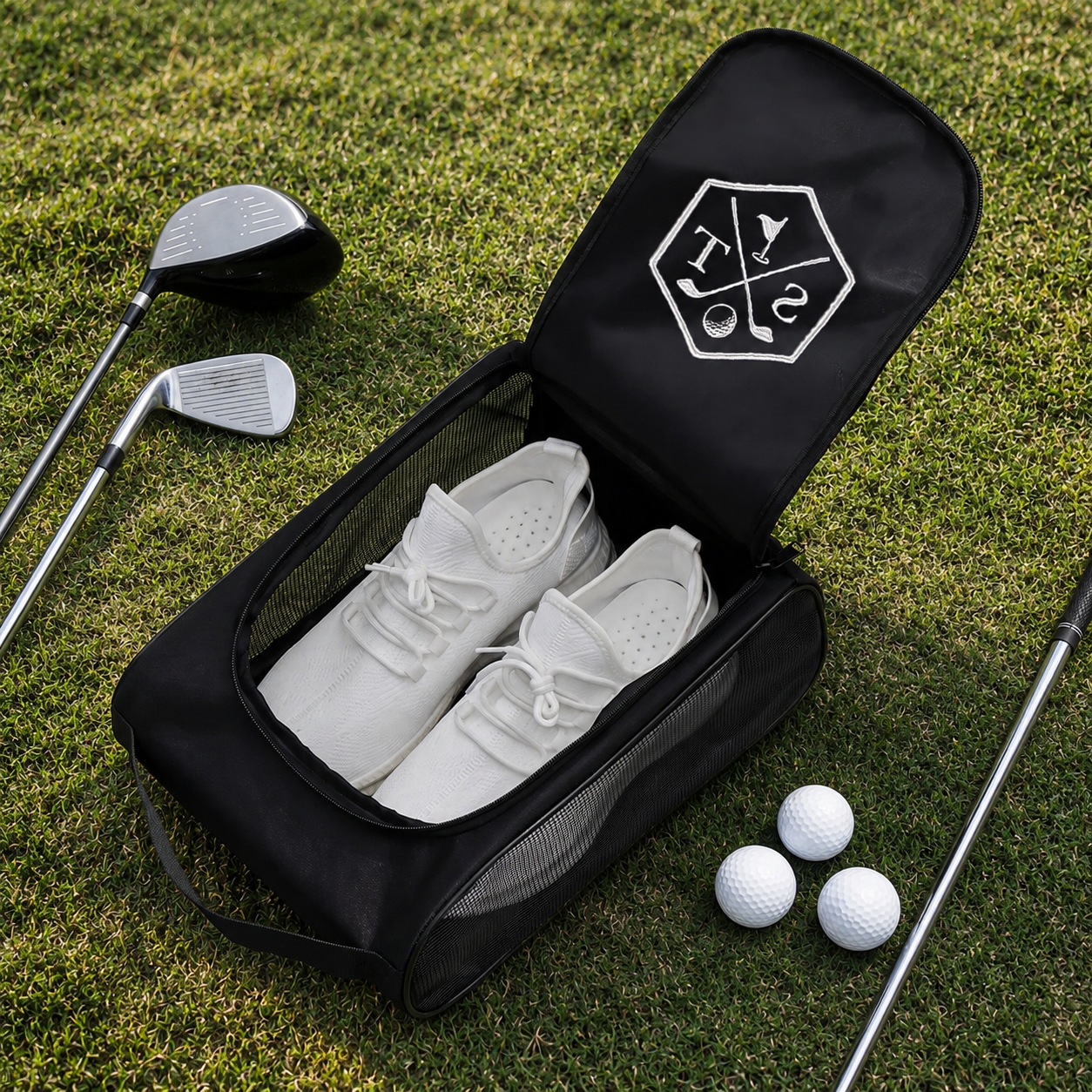 Personalised embroidered golf shoe bag open showing breathable mesh panel and shoes
