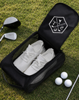 Personalised embroidered golf shoe bag open showing breathable mesh panel and shoes