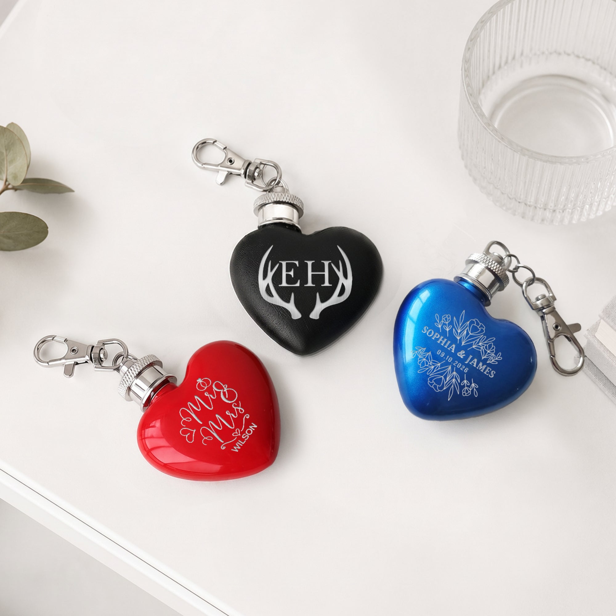 Personalised heart mini hip flask keyring laser engraved 1oz bridesmaid wedding favour