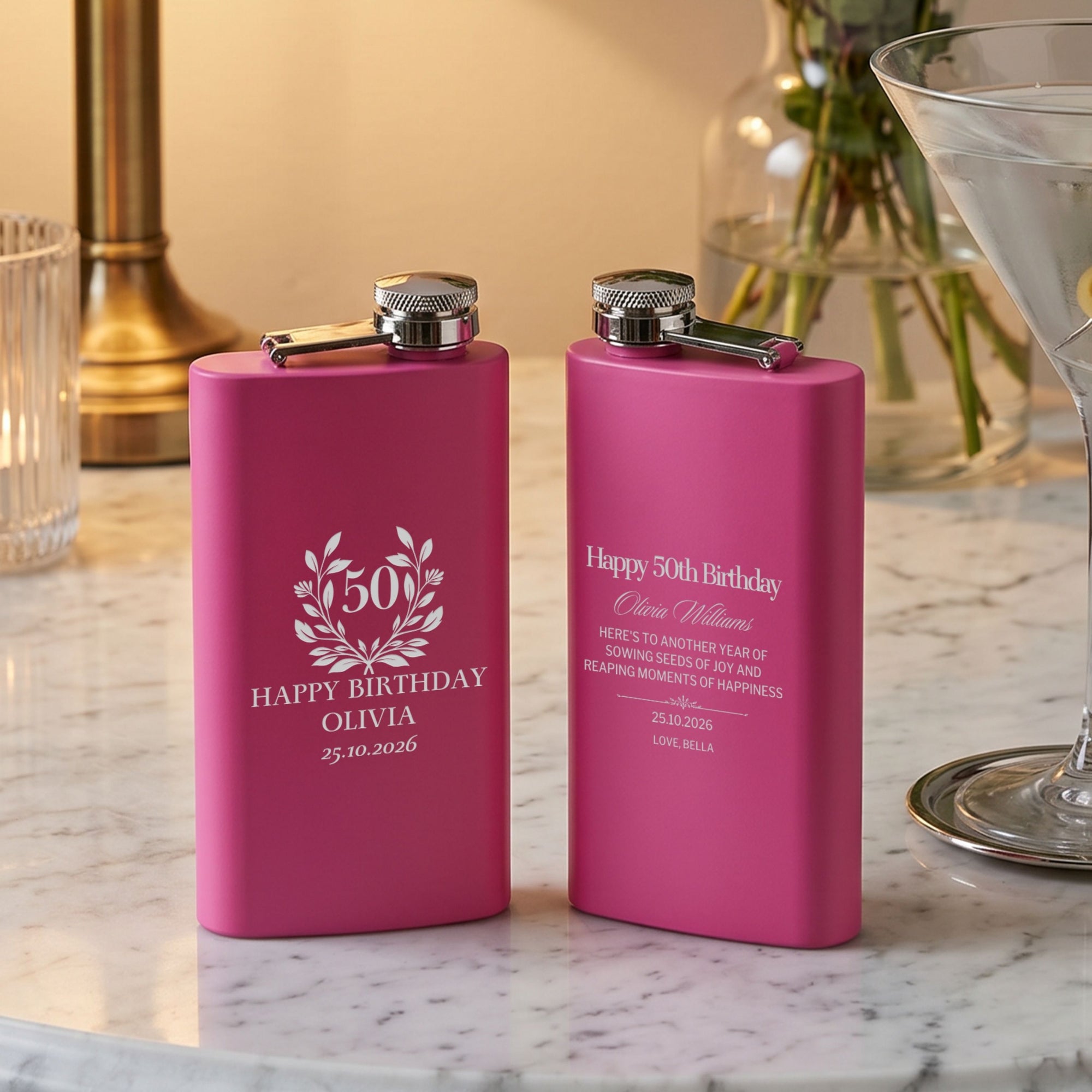 Personalised engraved 5oz hip flask colour options black white army hot pink baby pink