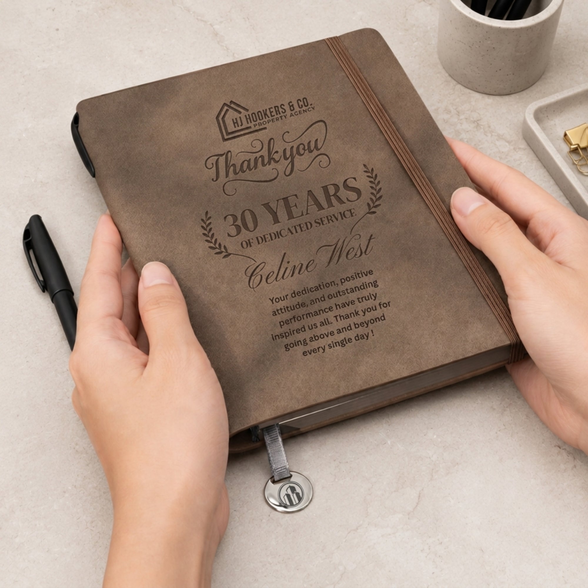 Personalised leatherette A5 notebook with engraved cover and pen