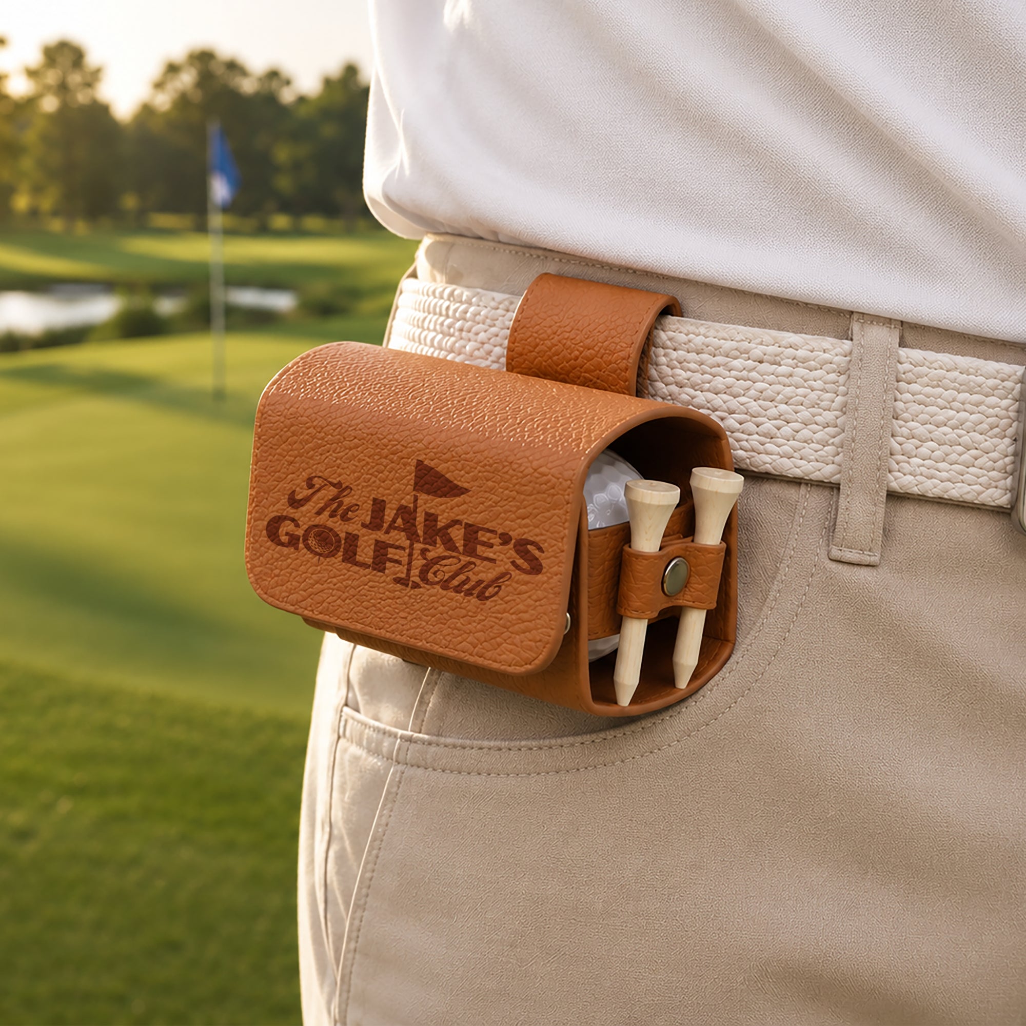 Personalised engraved leatherette golf ball pouch and tee holder