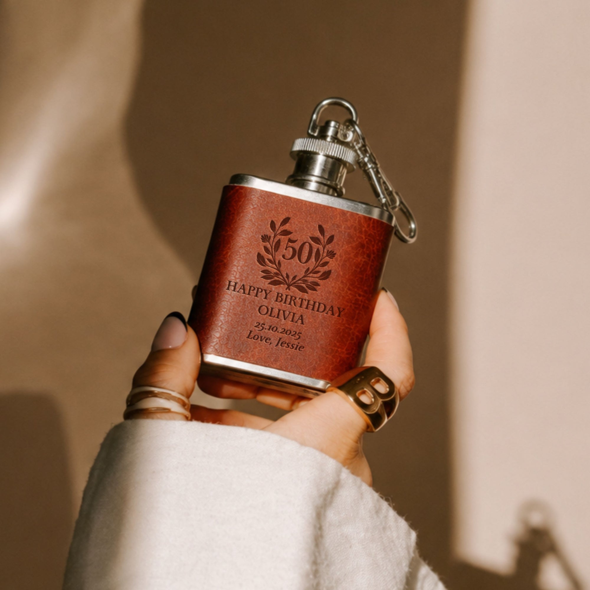 Personalised leatherette mini hip flask keyring with keyring hook bridal party favour