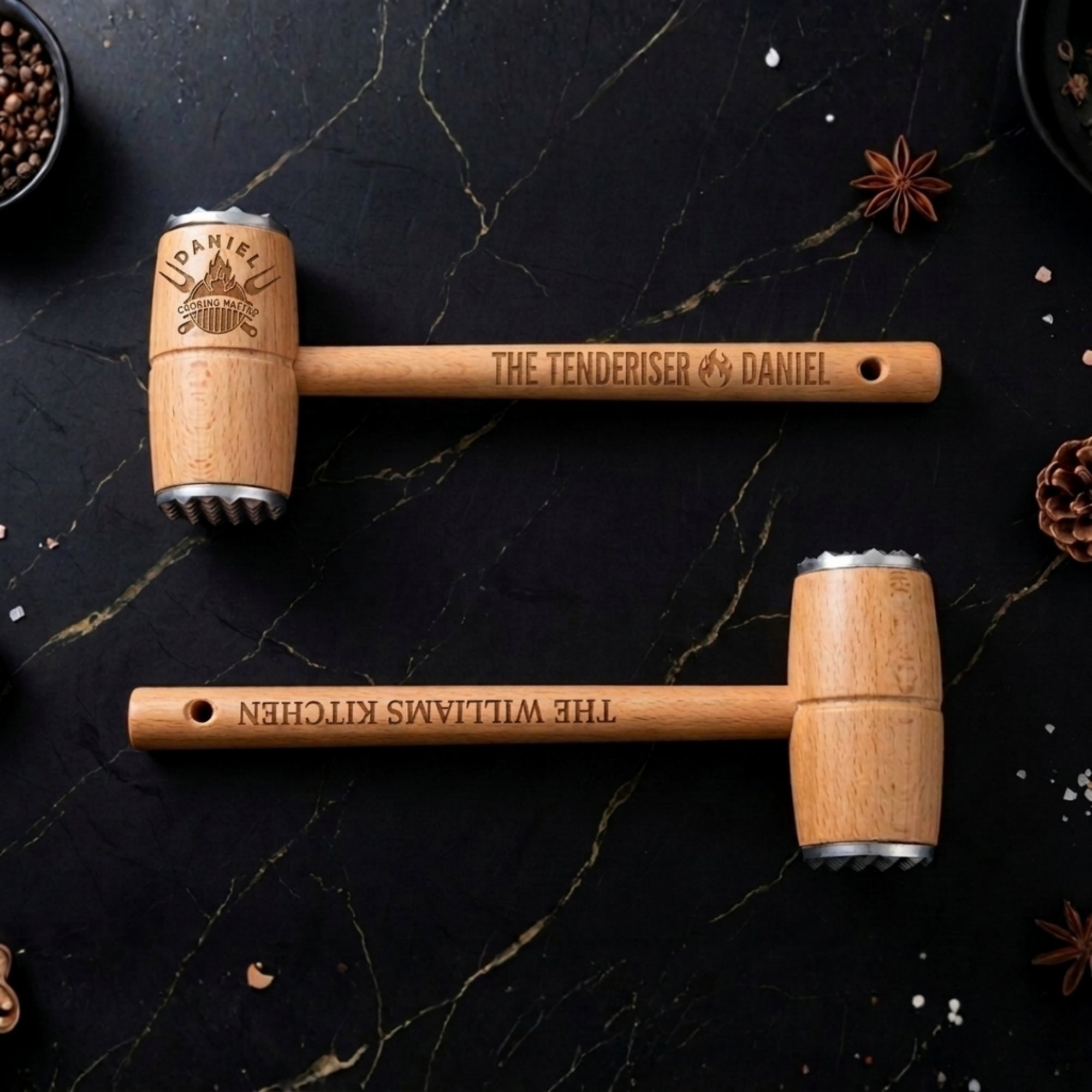Personalised wooden meat mallet kitchen gift for dad and home cook
