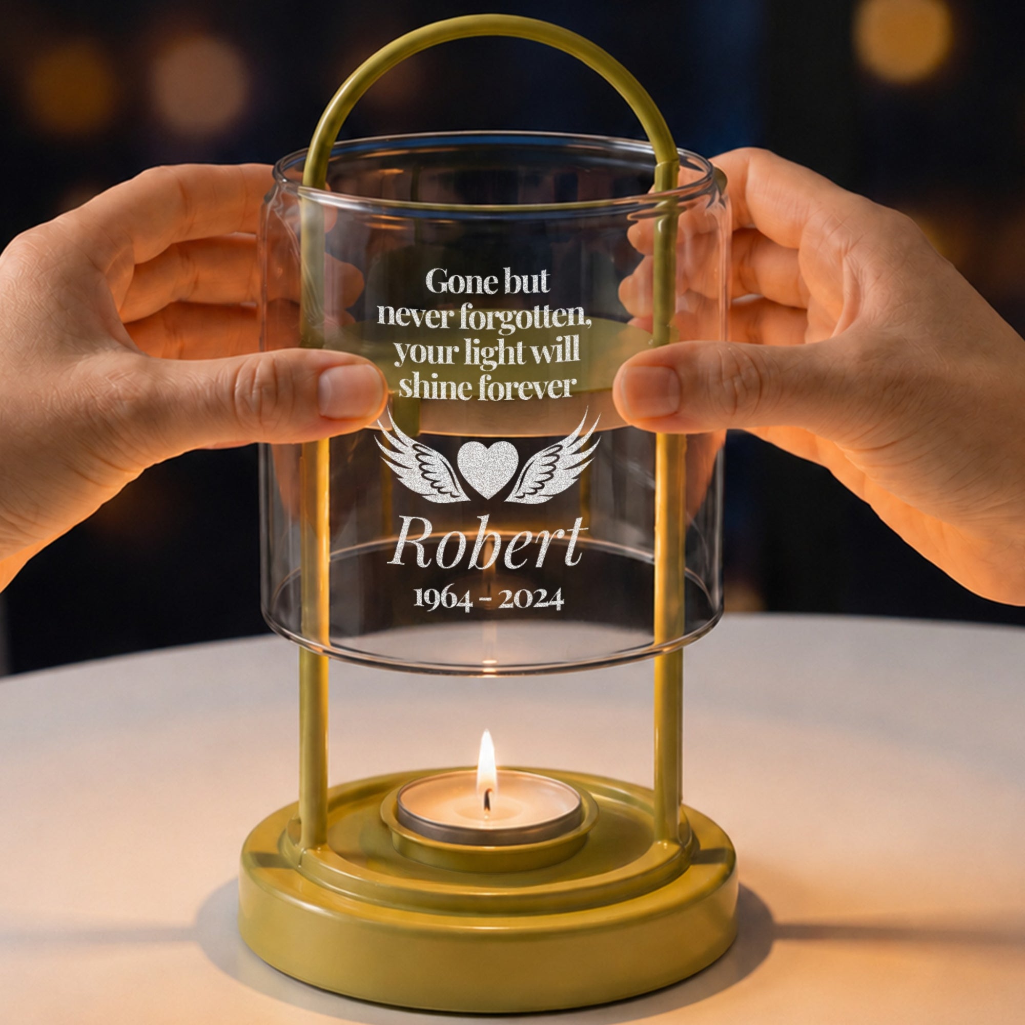 Personalised engraved cylinder glass memorial lanterns in baby pink and yellow with tealight – remembrance keepsake