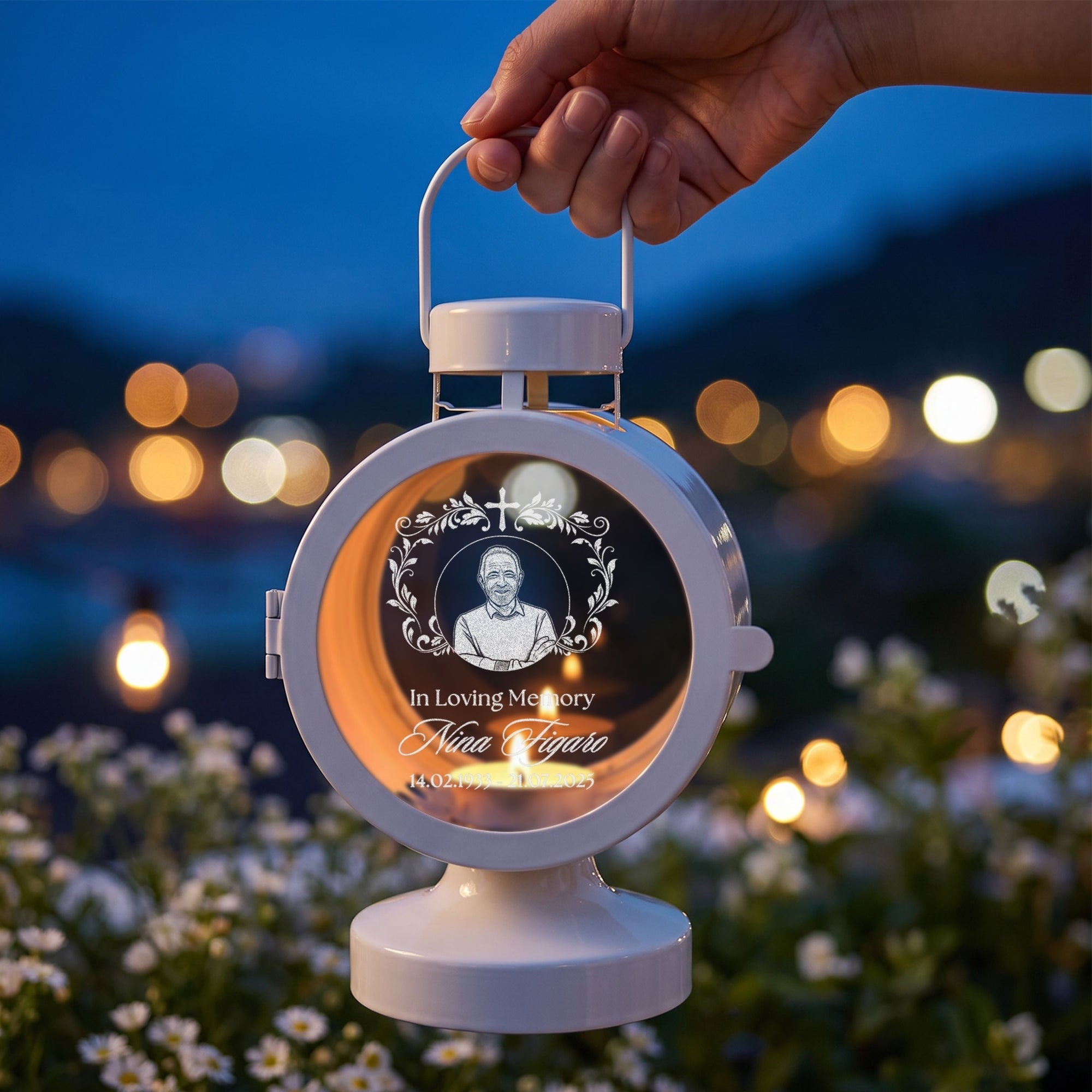 Personalised engraved memorial glass lantern lit with tealight – in loving memory sympathy gift