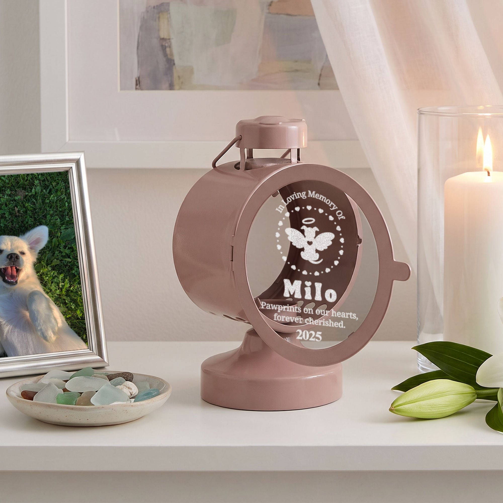 Personalised engraved memorial glass lantern with tealight – pet remembrance keepsake