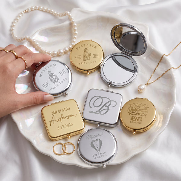 Custom Engraved Metal Double Sided Pocket Face Mirror with Magnification