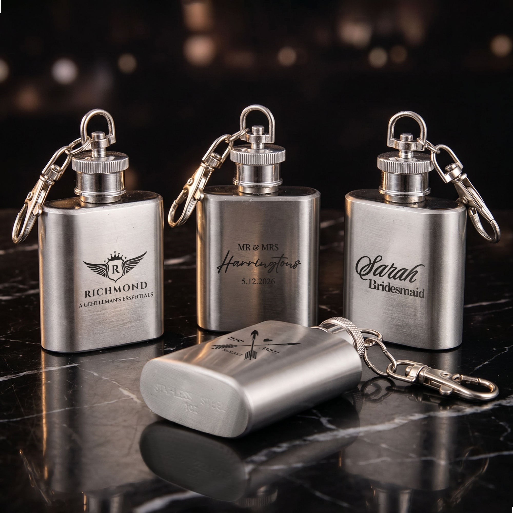 Personalised mini hip flask keyring laser engraved 1oz bridesmaid and groomsman gift