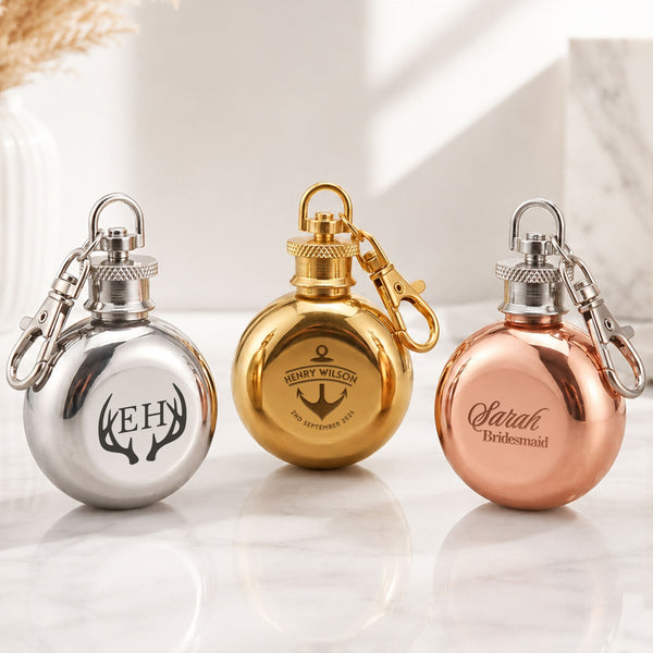 Custom Engraved Mini Round Hip Flask Keyring - Bridesmaid & Groomsman Gift