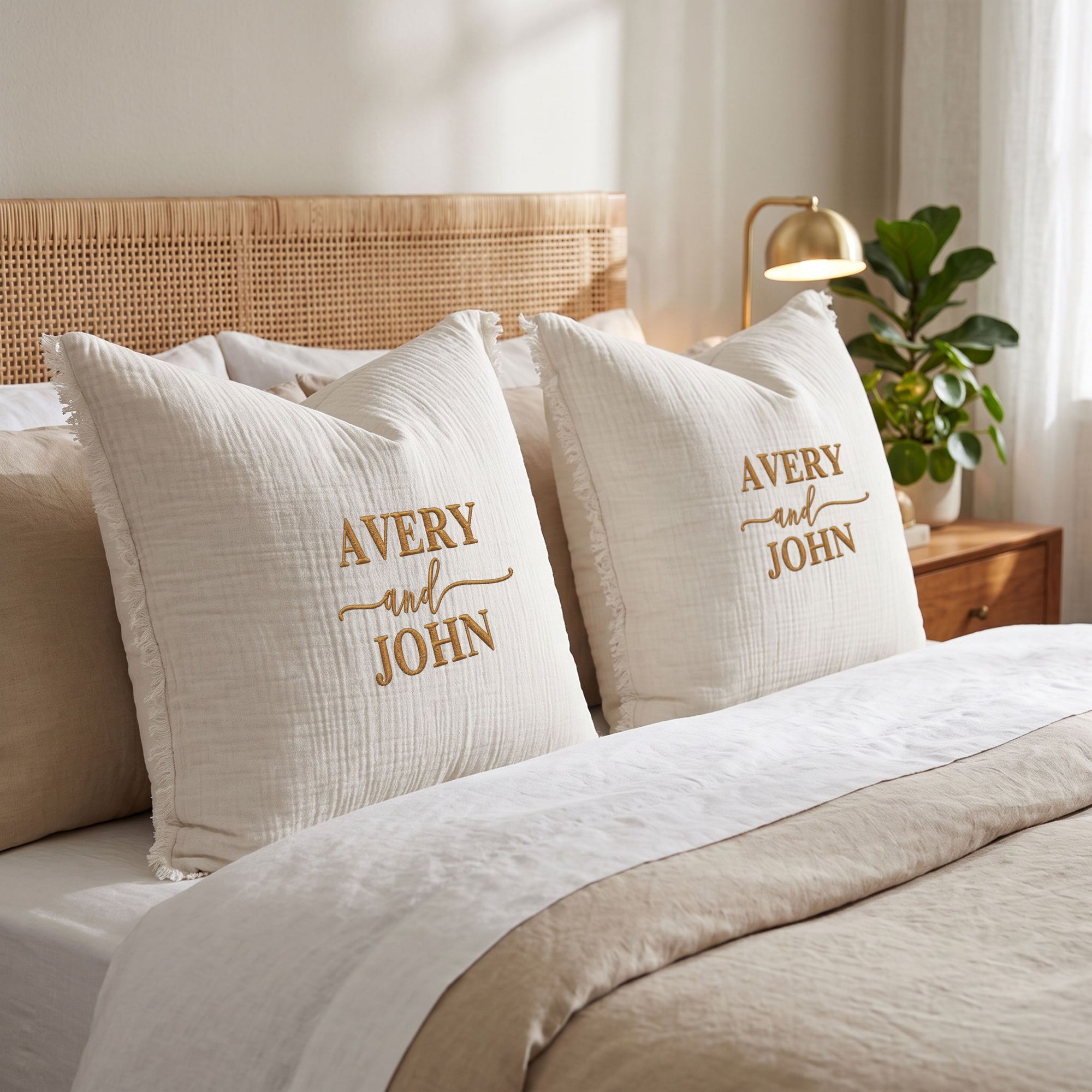 Personalised embroidered muslin cushion cover colour options white green aqua