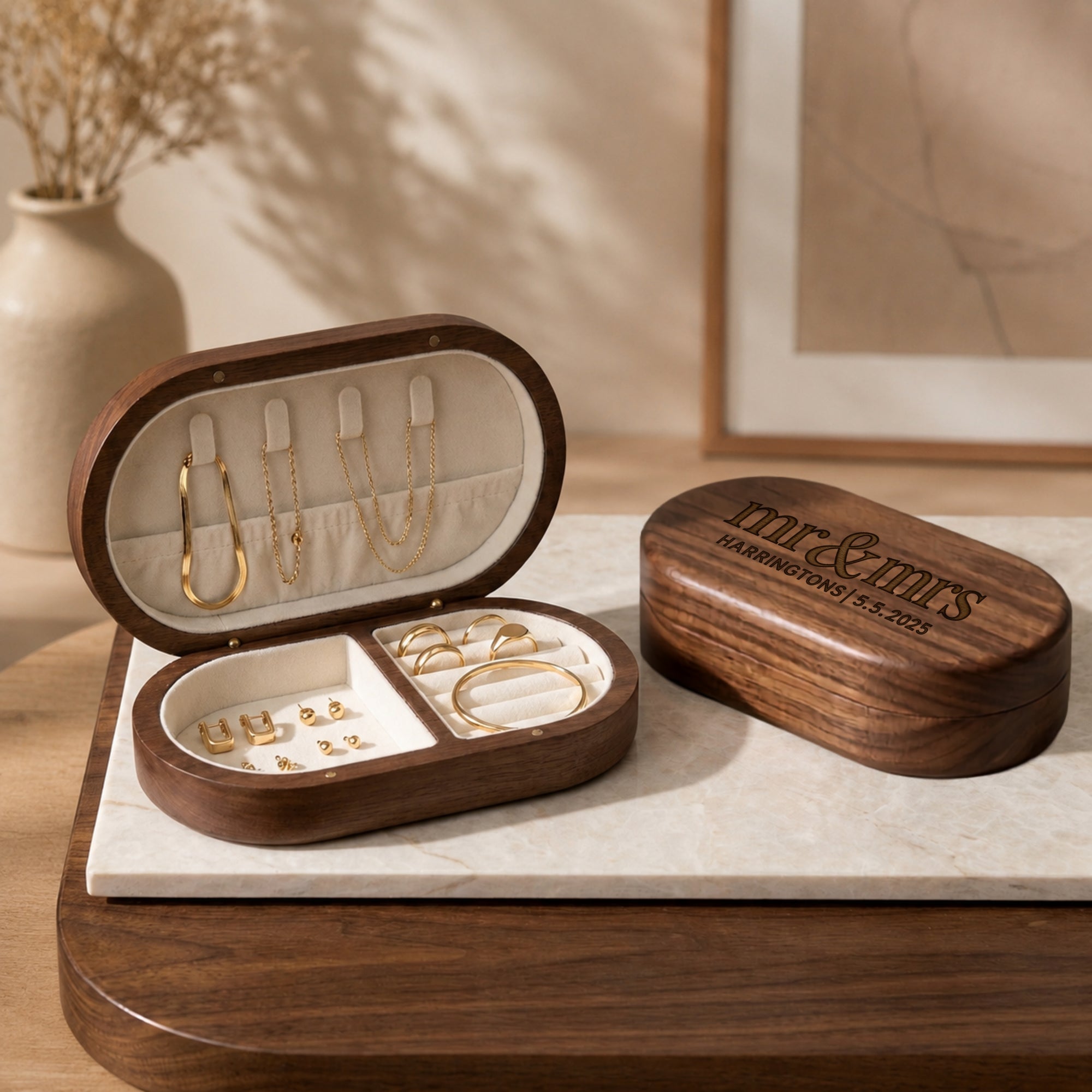 Personalised engraved oval wooden jewellery box open showing velvet ring and necklace sections