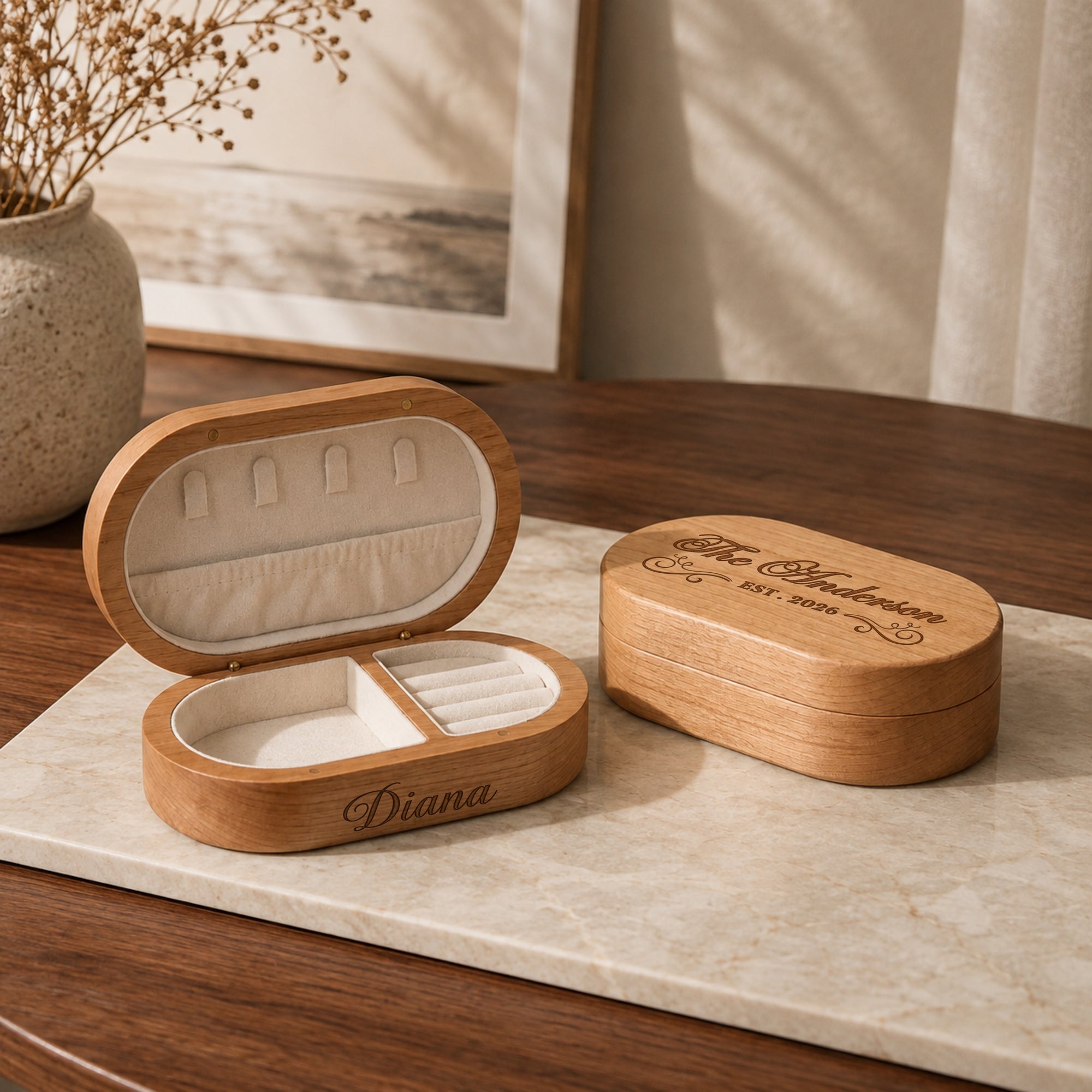 Personalised engraved oval travel jewellery box with custom name on the lid