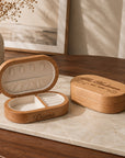 Personalised engraved oval travel jewellery box with custom name on the lid