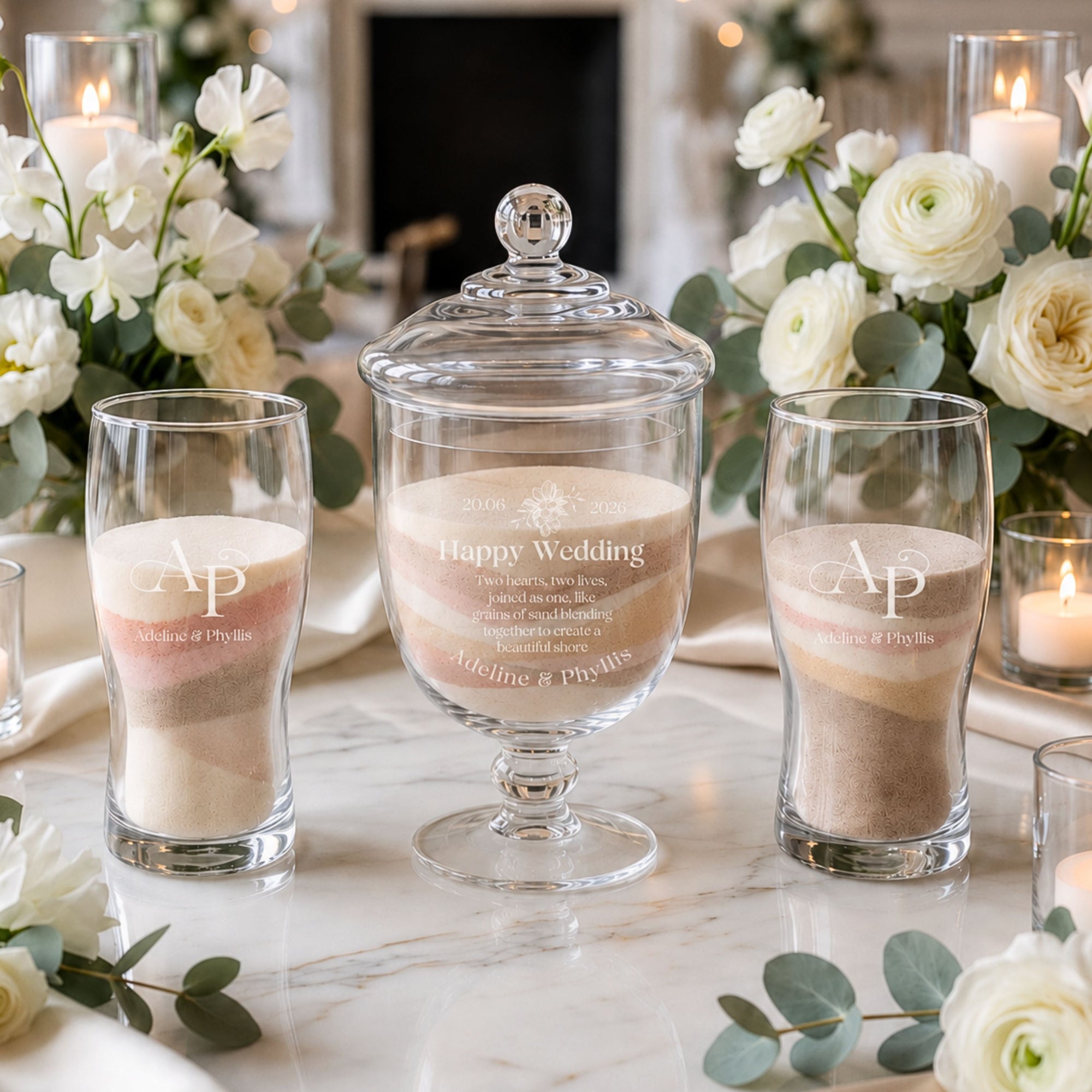 Personalised sand unity wedding ceremony footed pedestal glass urn and pouring glasses set custom engraved