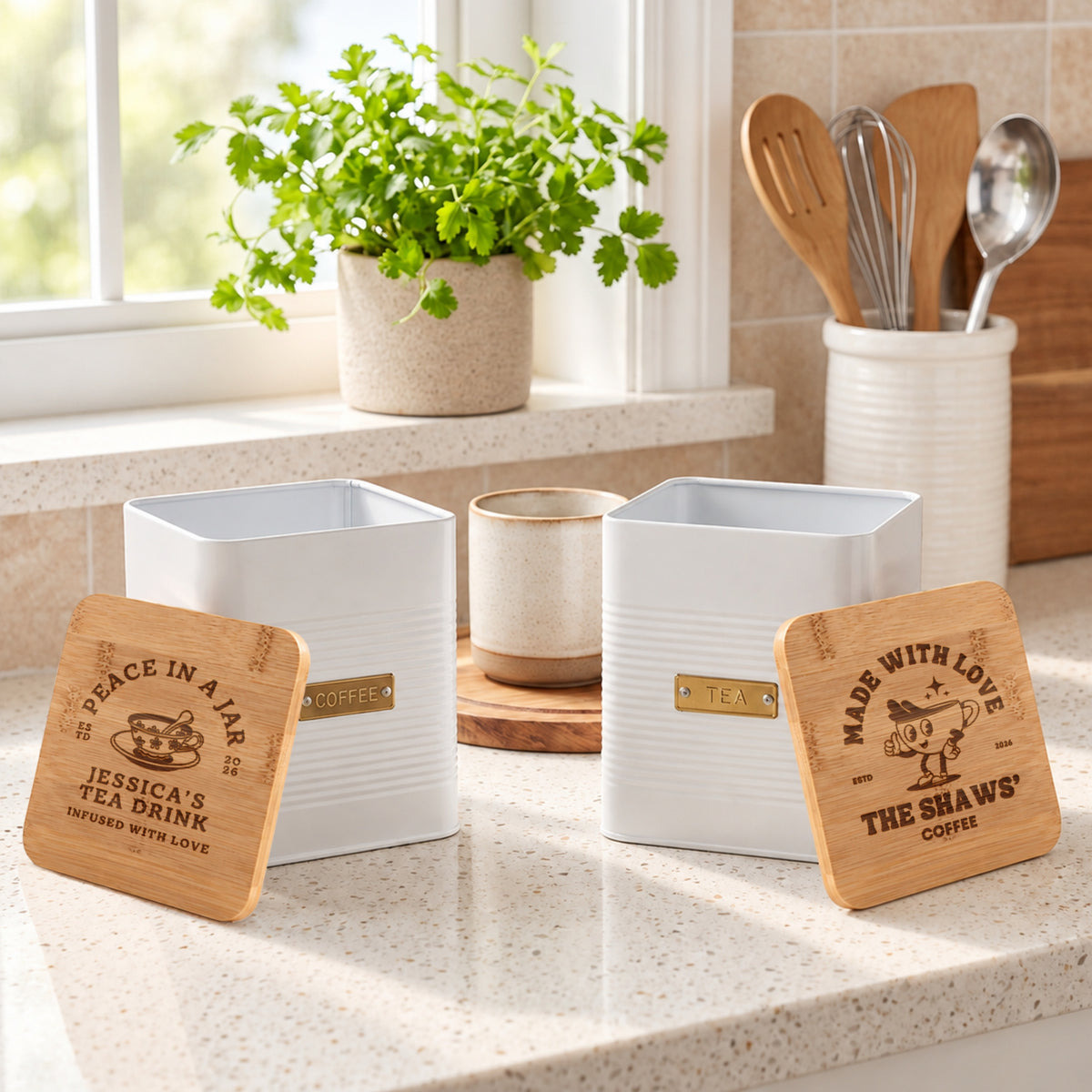 Personalised white steel tea and coffee storage canisters with engraved bamboo lids