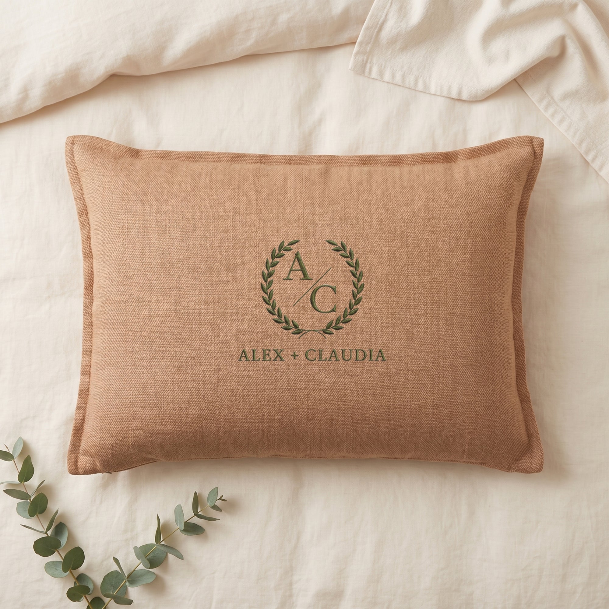 Personalised embroidered textured lumbar cushion cover pillowcase colours brown charcoal