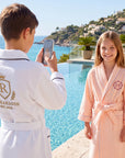Personalised waffle cotton hooded bathrobe for kids and teens in white