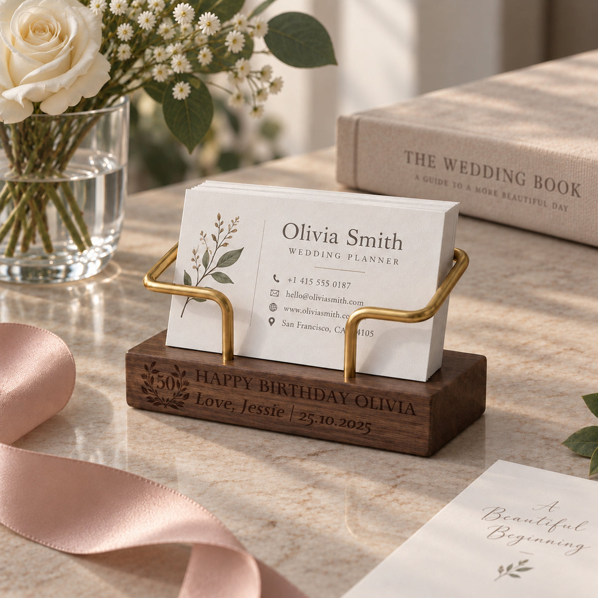 Personalised walnut business card holder with brass stand engraved on the base