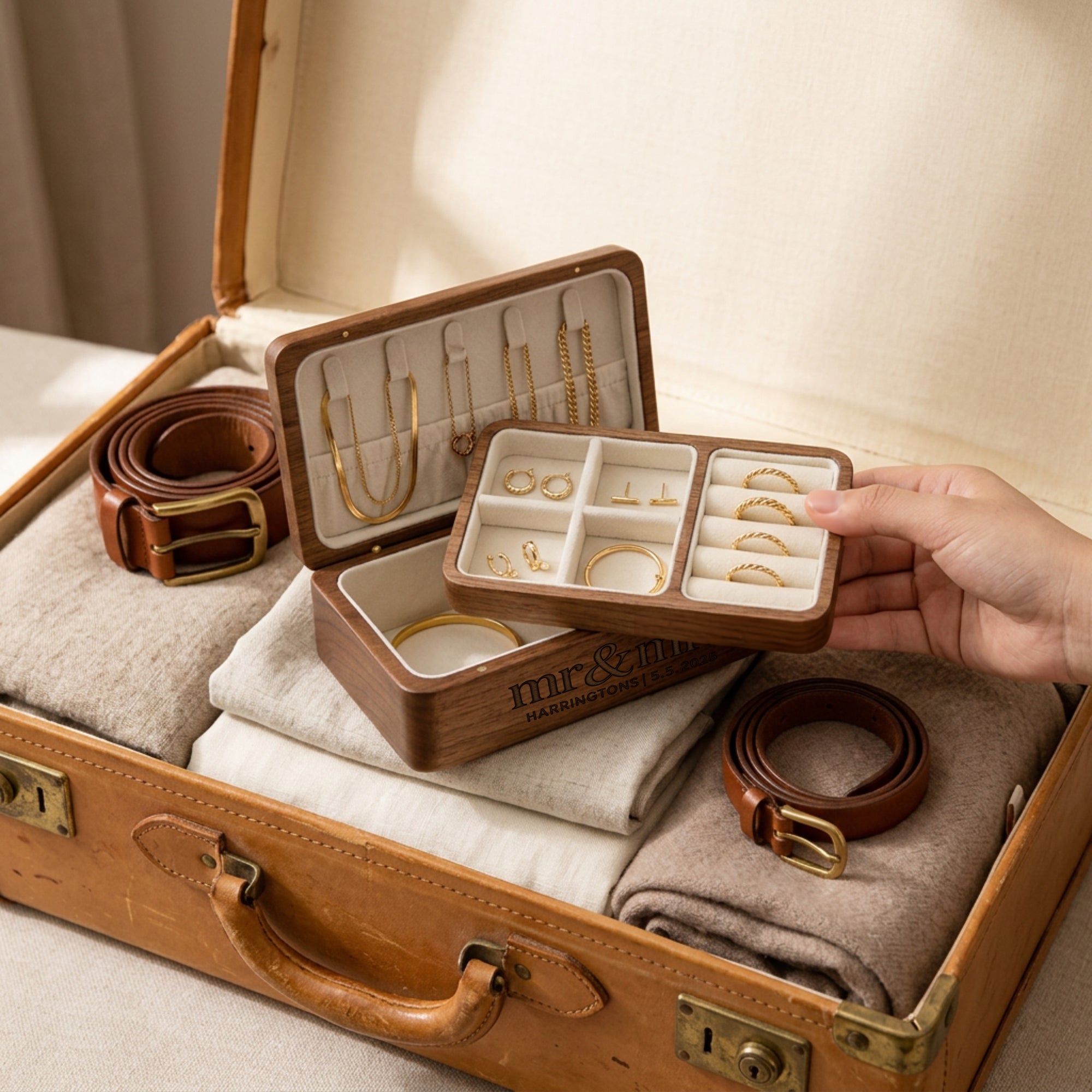 Personalised engraved walnut double-layer jewellery box packed for travel