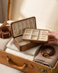 Personalised engraved walnut double-layer jewellery box packed for travel