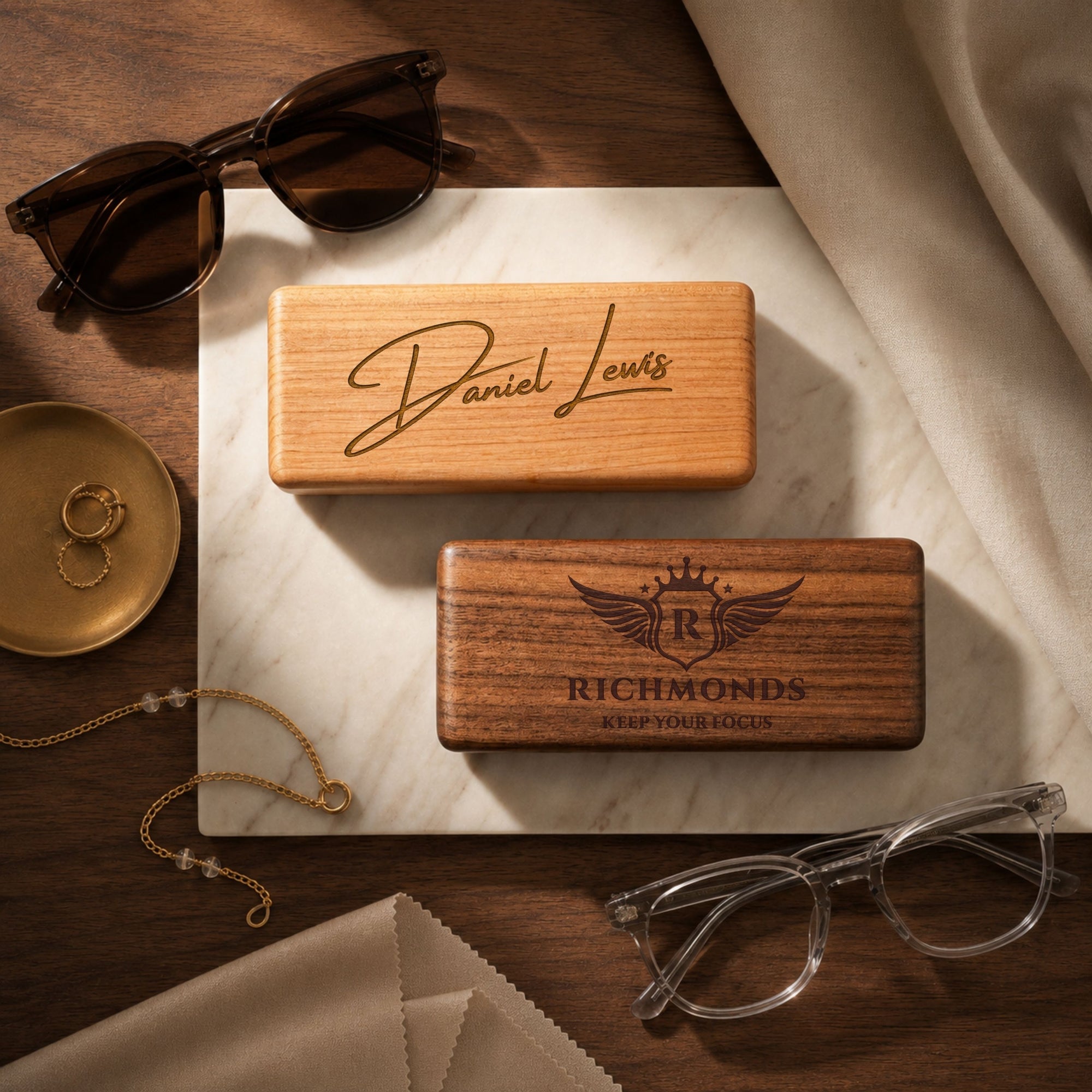 Personalised engraved walnut wood glasses cases with custom name and monogram on the lid