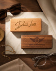 Personalised engraved walnut wood glasses cases with custom name and monogram on the lid