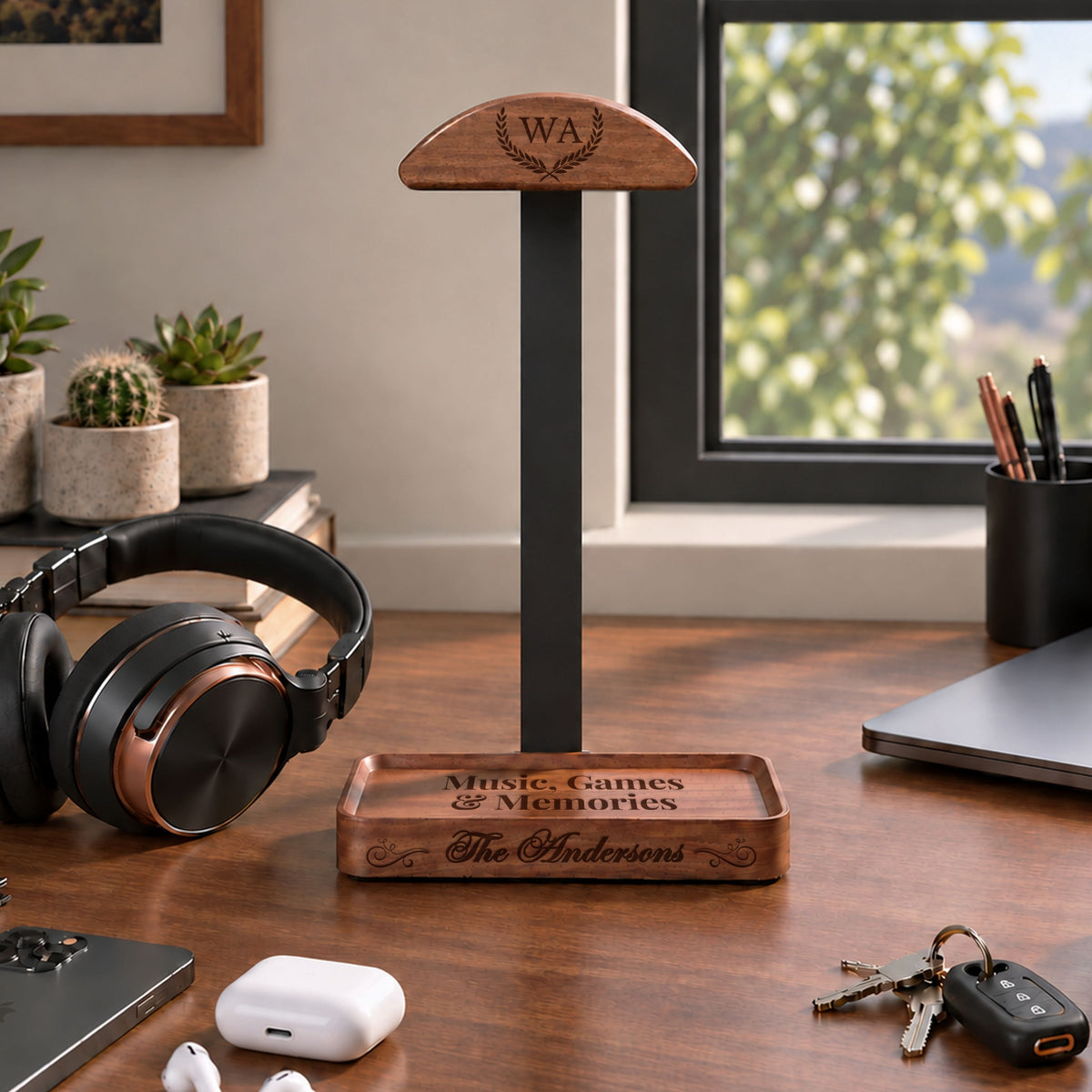 Walnut and metal headphone stand with engraved head monogram and engraved tray base