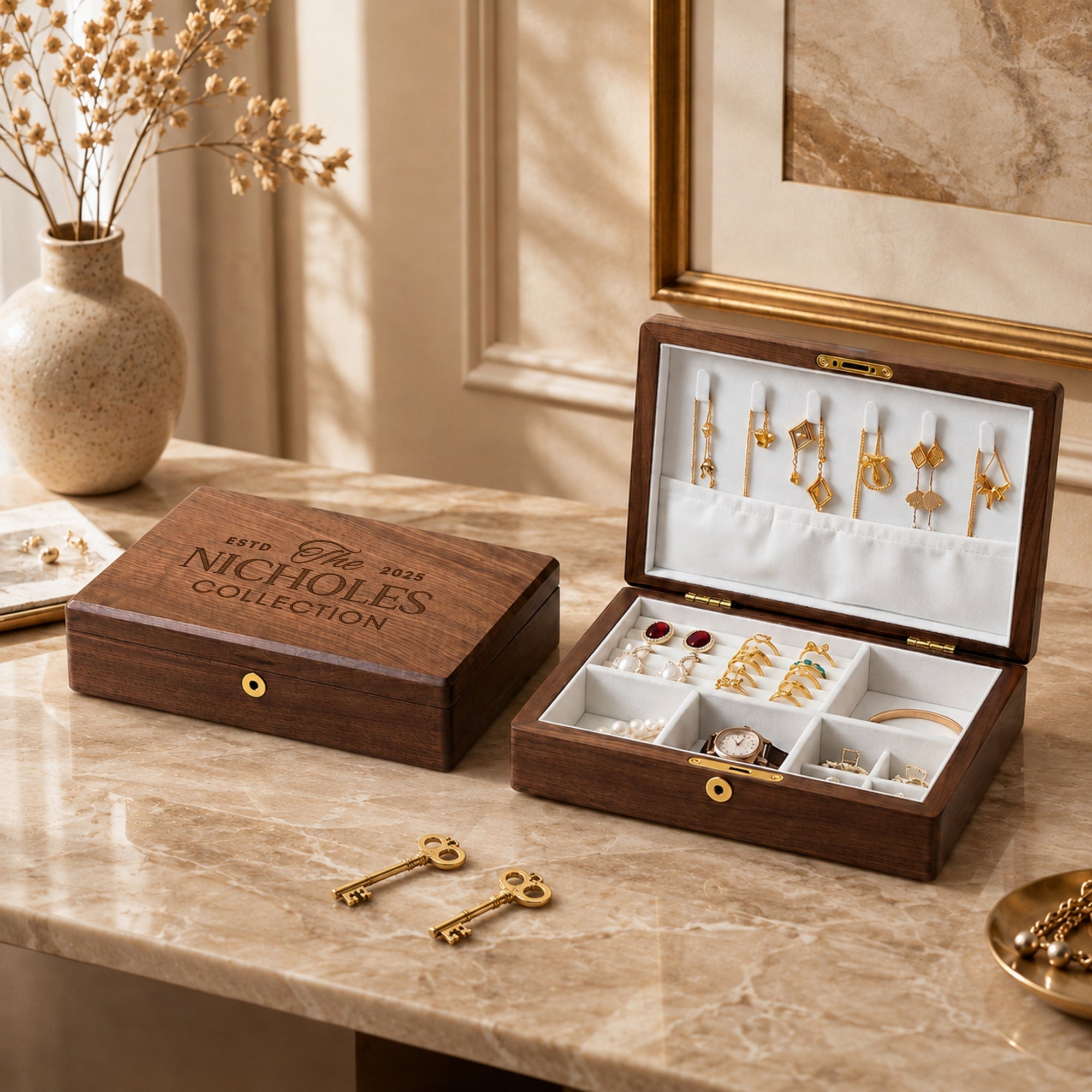 Personalised engraved walnut wood lockable jewellery box with gold key