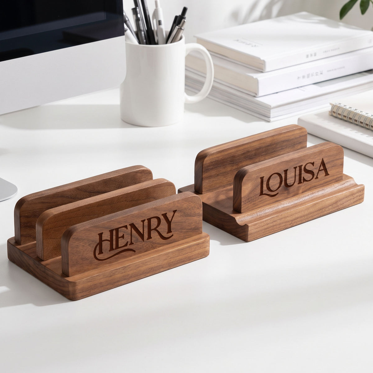 Walnut single and double slot laptop stands engraved with names