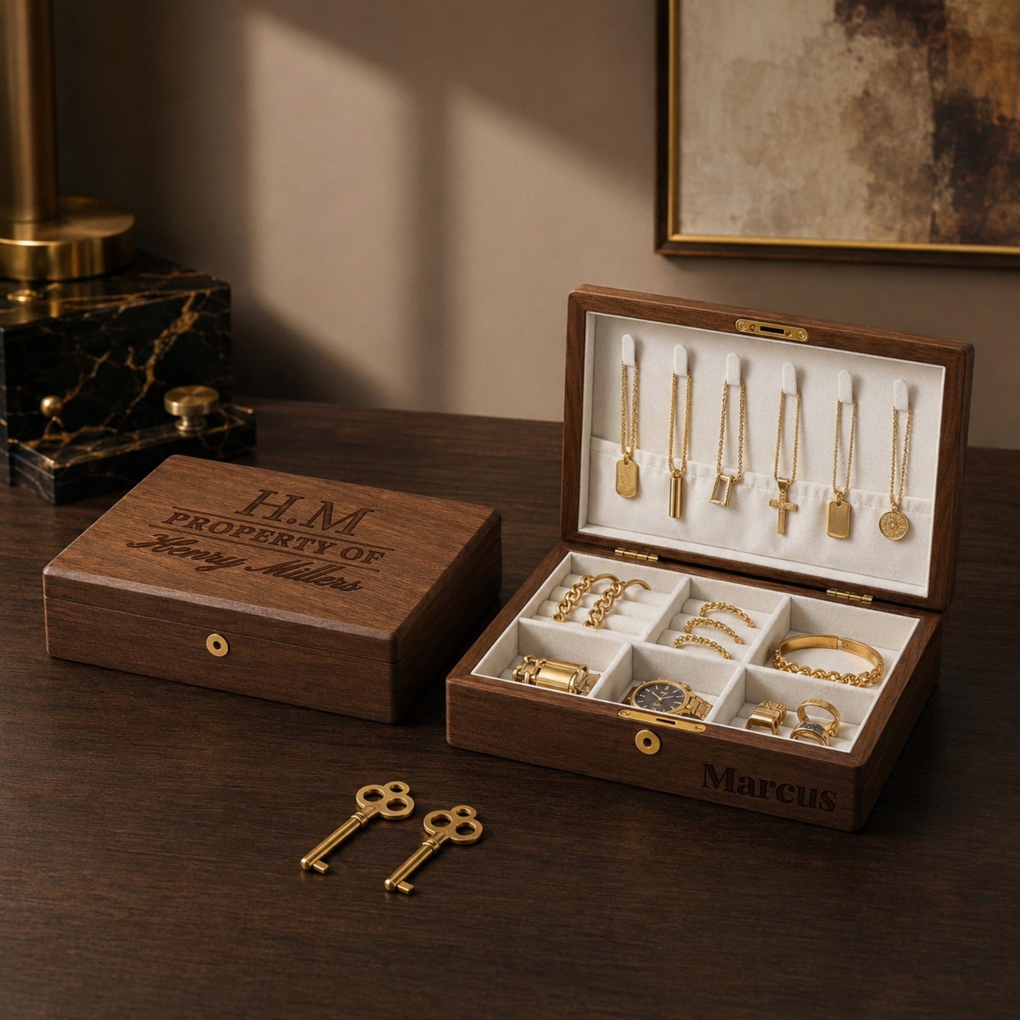 Personalised engraved walnut lockable jewellery box with velvet compartments and keys