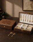 Personalised engraved walnut lockable jewellery box with velvet compartments and keys