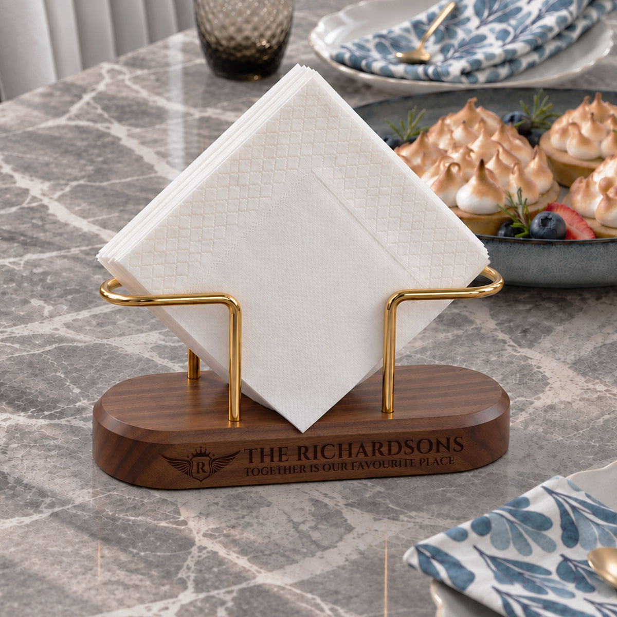 Personalised walnut napkin holder with brass stand engraved with a family name